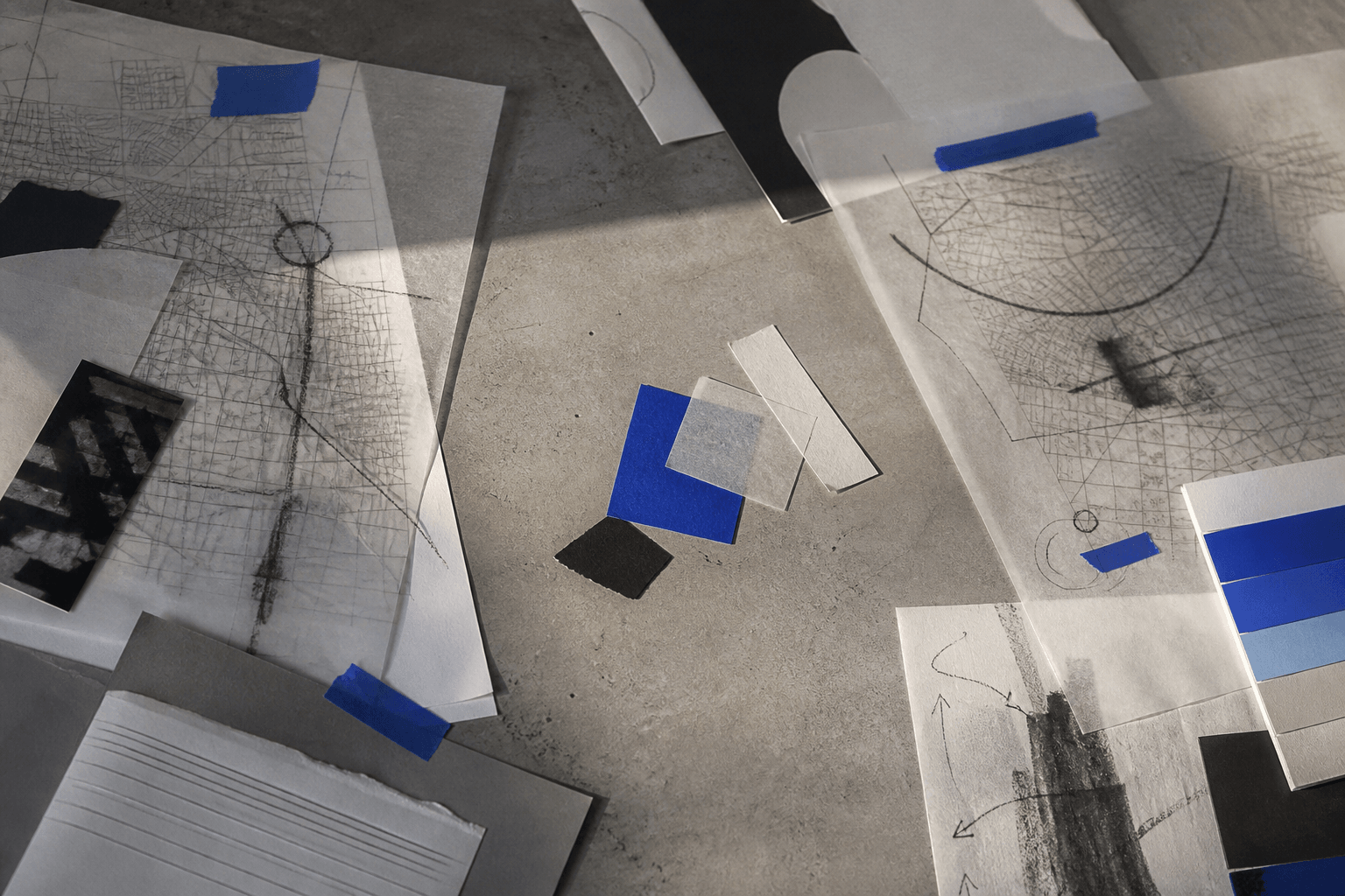 Mesa de pesquisa com mapas, papéis translúcidos, desenhos e recortes em azul