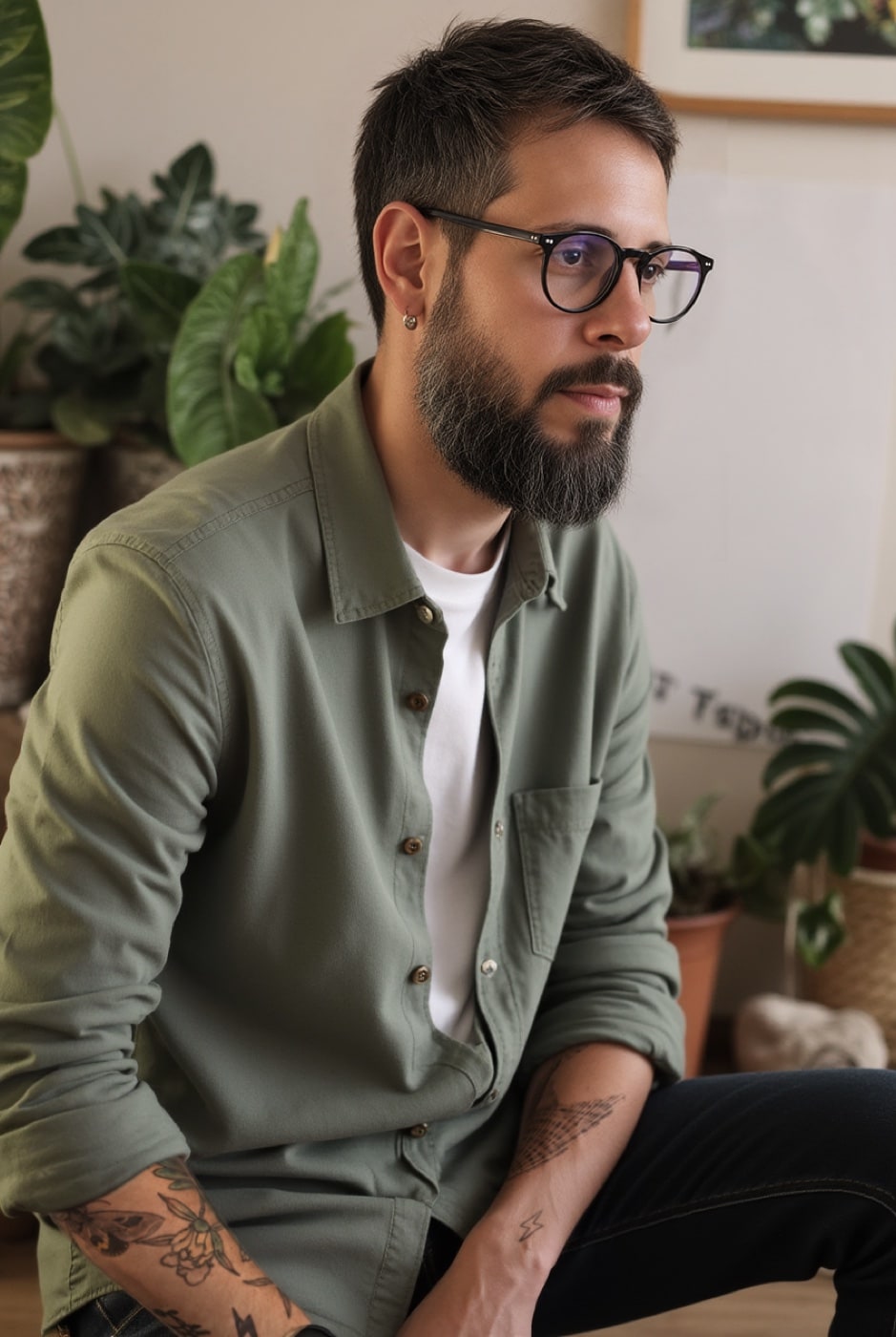 Guilherme Eugênio Ronconi em retrato com camisa verde, óculos e plantas ao fundo