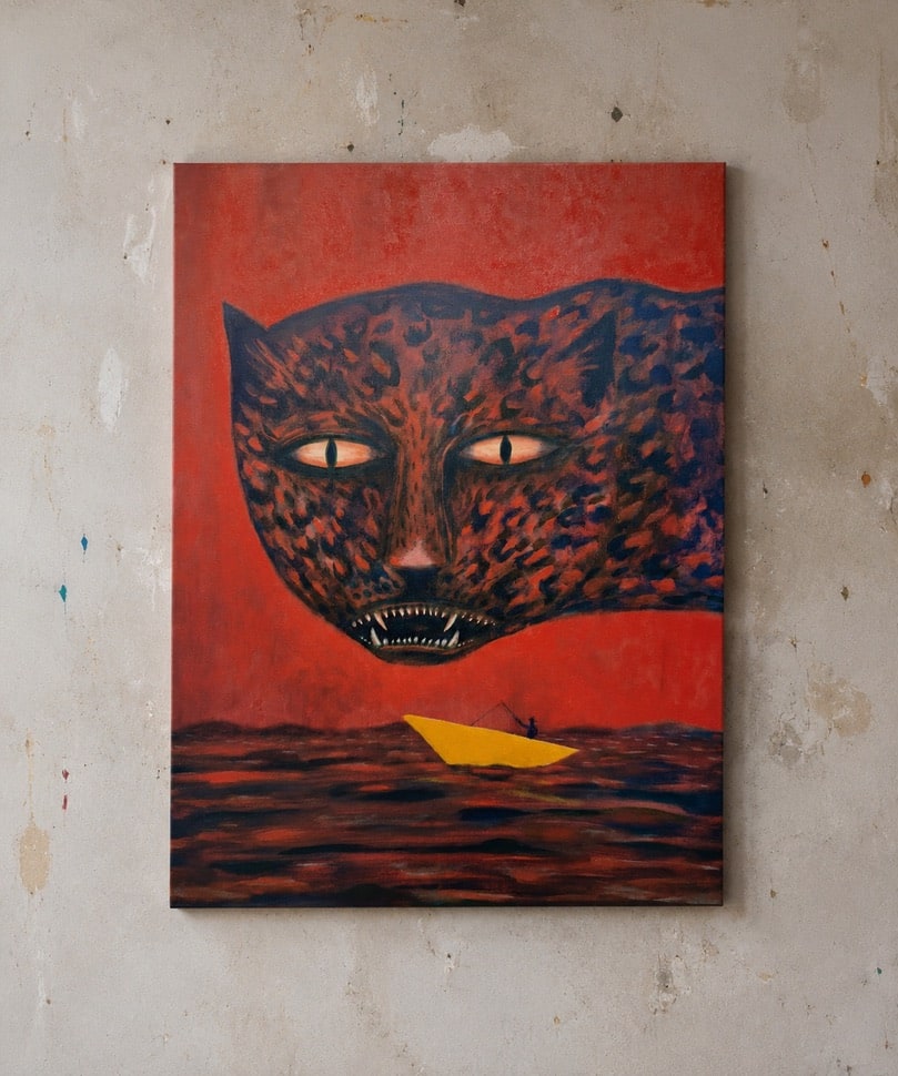 Pintura em tons vermelhos com uma grande onça sobre o mar e um pequeno barco amarelo